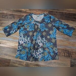 Vintage Haband Floral 3/4 Sleeve Shirt Blue & Gold